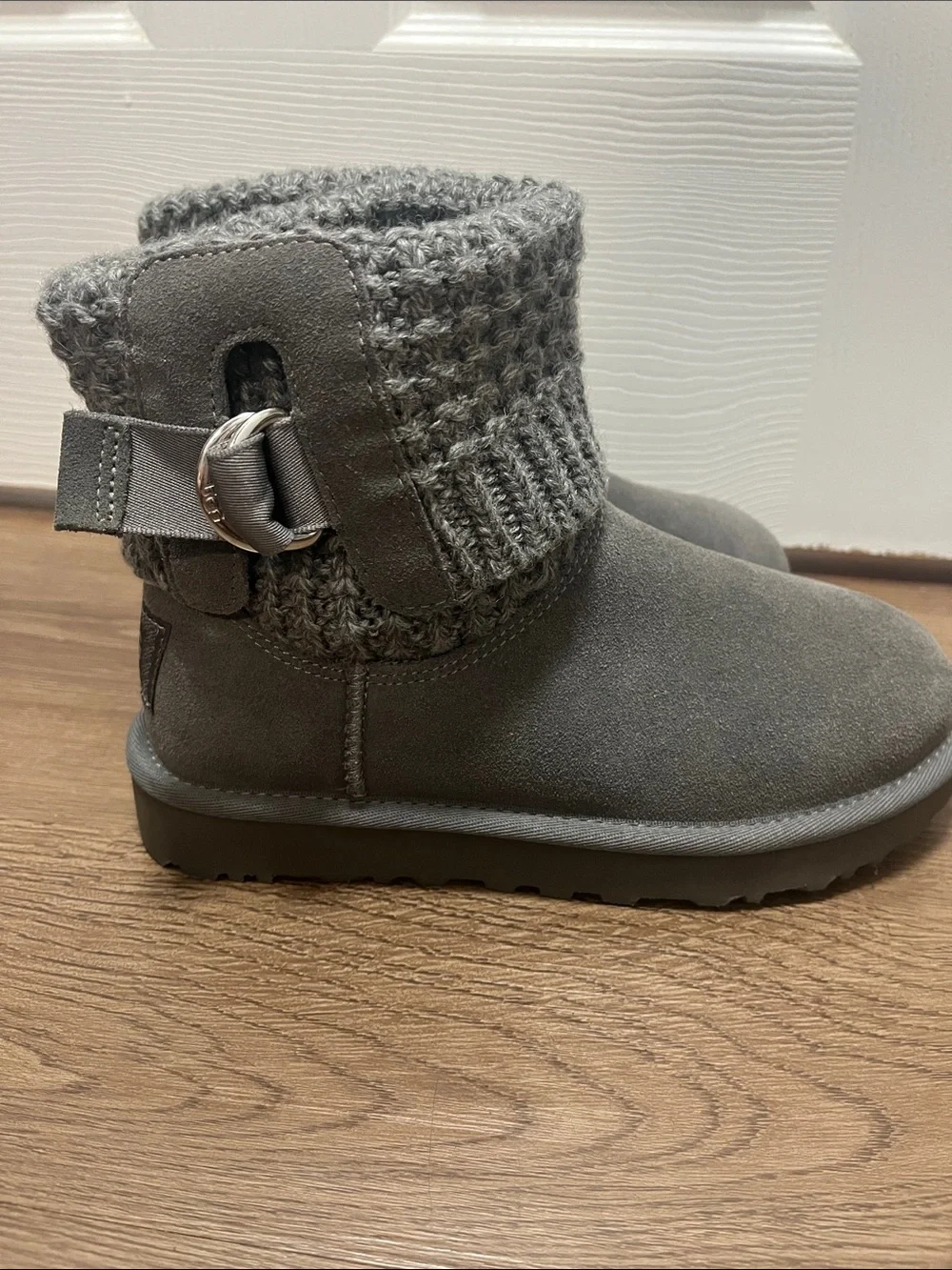 UGG Gray Knit Cuff Suede Ankle Boots
